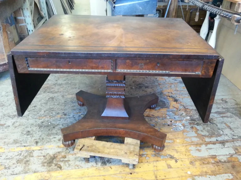 American Empire Burl Chestnut Drop Leaf Table — Refinishing — before restoration by Olek Inc.