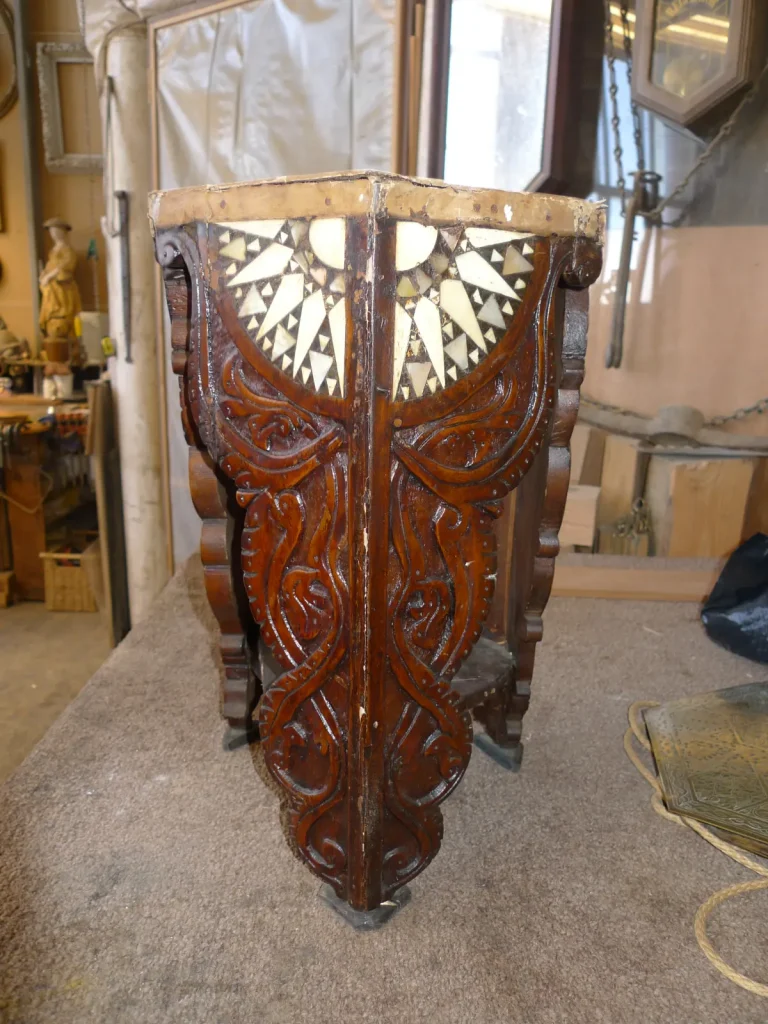 Middle Eastern Carved & Inlaid Lamp Table — Heirloom Restoration — Before