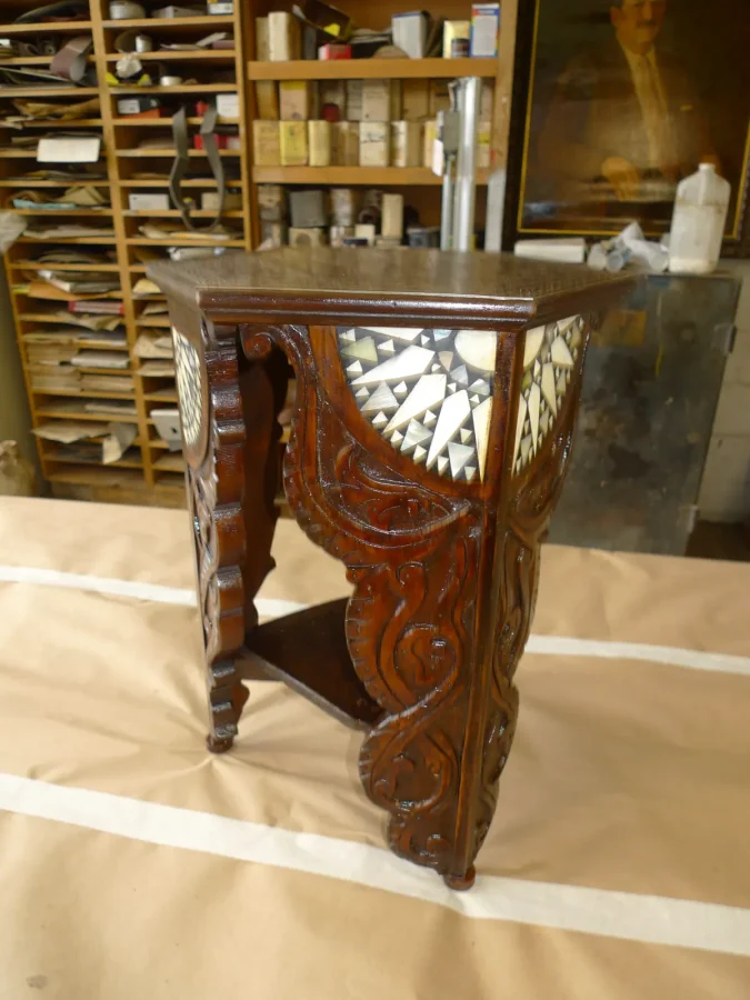 Middle Eastern Carved & Inlaid Lamp Table — Heirloom Restoration
