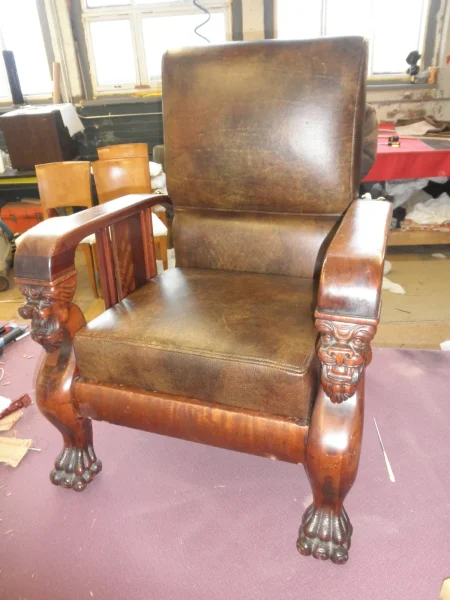 Morris chair after re-upholstery and refinishing by Olek Inc.